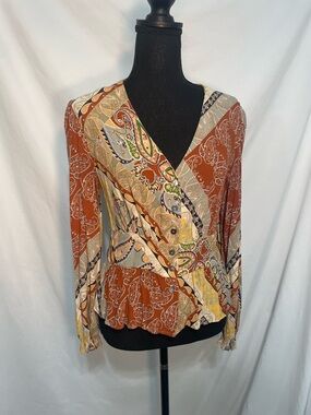 MNG (Mango) rust Paisley Patterned Long Sleeve Blouse. Size M (US 6). Peplum hem